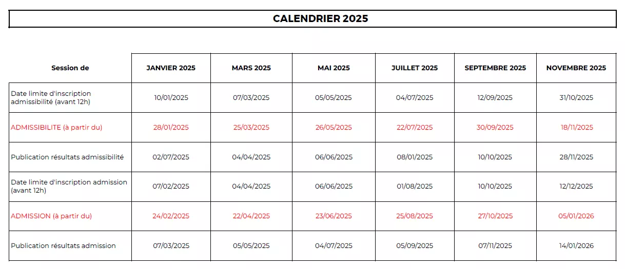 Calendrier 2025 - Examens taxis et VTC